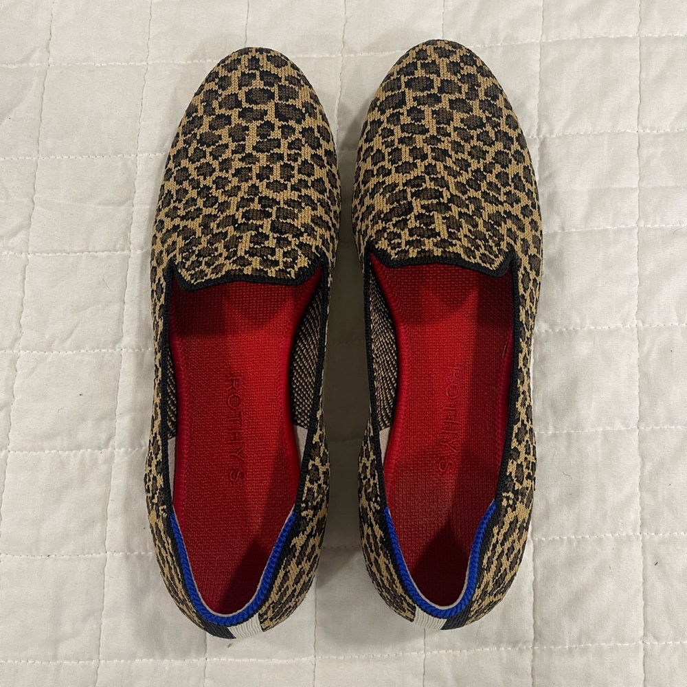 Rothy's Leopard Print Flats with Red and Blue Accents
